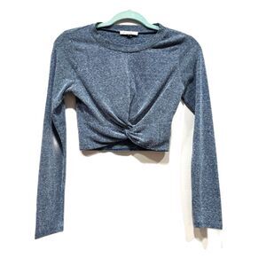 Peach Puff Top Blue Cropped Long Sleeve Ribbed Basic Stretch Tie Women sz Small